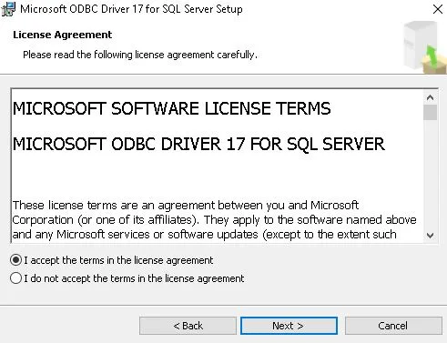 ODBC Accept Terms in the License Agreement