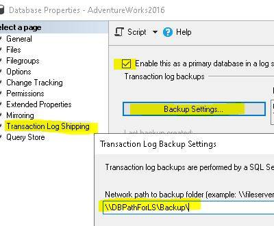 Configure the Transaction Log Backup Settings