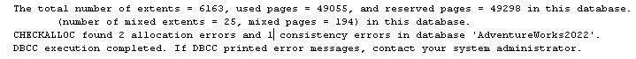 Error Details after executing DBCC CHECKALLOC in SQL Server with 2 allocation error & 1 consistency error.